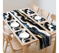 WADORN Marble Texture Abstract Table Runner and Placemats Set of 6, Black White Gold Ink Marble Texture Kitchen Dinning Table Decoration Abstract Modern Art Dining Settings for Home Kitchen Party