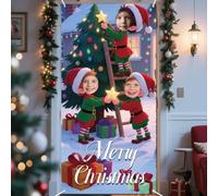 WADORN Merry Christmas Photo Door Banner, 2.9x5.9 Ft Winter Christmas Party Photography Backdrop Large Fabric Elves Face in Hole Hanging Door Cover Banner with Rope for Xmas Holiday Party