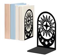 WADORN Moon Sun Bookends for Shelves Decorative 1 Pair, Moon Phases Non-Skid Heavy Duty Book Ends Metal Book Holder Black L-Shaped Book Stopper for Library Home Office Desk Door Stop