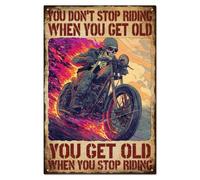 WADORN Motorcycle Vintage Metal Tin Sign, 7.9x11.8 Inch You Don't Stop Riding When You Get Old Skeleton Retro Wall Art Sign Funny Motorcycle Rider Metal Wall Gifts Plaque for Man Cave Home Bar