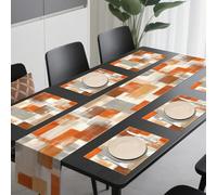 WADORN Orange Grey Watercolor Table Runner and Placemats Set of 6, Abstract Orange Gray Texture Washable Kitchen Dinning Table Decoration Modern Art Painting Dining Settings for Home Farmhouse Party