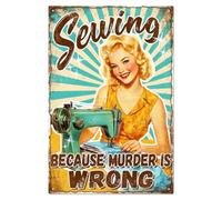 WADORN Sewing Room Metal Tin Sign, Sewing Because Murder Is Wrong Retro Tin Sign Hanging Decor for Home Decor Funny Lady with Sewing Metal Wall Plaque Decor for Sewing Enthusiast, 11.81x7.87 Inch