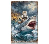 WADORN Shark Cat Drinking Coffee Vintage Metal Tin Sign 8x12 Inch Funny Cat Riding Shark Retro Wall Art Quirky Humor Home Decor Wall Art Poster for Living Room Man Cave Office Bedroom Decoration