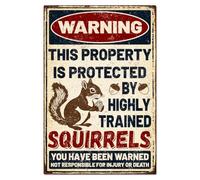 WADORN Squirrel Funny Metal Tin Sign, This Property is Protected by Highly Trained Squirrels Metal Sign Squirrel Warning Sign Vintage Wall Art Plaques for Garden Outdoor, 7.8x11.8 Inch