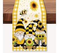 WADORN Sunflower Gnomes Bee Table Runner, 13x72 Inch Buffalo Plaid Yellow Kitchen Dining Table Decoration Spring Summer Seasonal Farmhouse Holiday Table Runner for Home Party Indoor Outdoor Decor