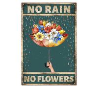 WADORN Umbrella Flowers Vintage Metal Tin Sign, No Rain No Flowers Retro Metal Poster Sign Novelty Inspirational Floarl Painting Home Wall Art Poster Plaque for Bar Pub Cafe Restaurant, 7.8x11.8 Inch