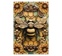 WADORN Vintage 3D Visual Effect Bee Flowers Metal Tin Sign, 7.9x11.8 Inch 2D Flat with 3D Visual Effect Bee Retro Wall Art Sign Funny Animal Metal Poster Plaque Decor for Garden Home Bar Cafe Office