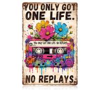 WADORN Vintage 80s 90s Music Cassette Graffiti Metal Tin Sign, 12x8 Inch You Only Got One Life No Replays Retro Art Sign Funny Music Fans Decor Gift Plaque for Man Cave Garage Studio Bar Wall Poster