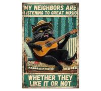 WADORN Vintage Cat Guitar Metal Tin Sign, 7.8x11.8 Inch Funny Retro Cafes Pubs Bar Home Tin Sign My Neighbors Are Listening To Great Music Cat Wall Art Poster Plaque Decor for Living Room Bedroom