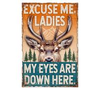 WADORN Vintage Deer Metal Tin Sign, 11.8x7.8 Inch Funny Retro Home Bar Pub Cafe Club Tin Sign Deer Excuse Me Ladies My Eyes Are Down Here Wall Art Poster Plaque Decor for Garage Man Cave Decor