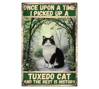 WADORN Vintage Forest Cat Cat Lovers Metal Tin Sign, 7.8x11.8 Inch Funny Retro Bar Pub Club Home Tin Sign Once Upon A Time I Pick Up A Tuxedo Cat Wall Art Poster Plaque Decor for Living Room Cafes
