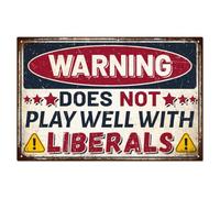 WADORN Vintage Funny Sarcastic Metal Tin Sign, 7.8x11.8 Inch Retro Garage Man Cave Pub Tin Sign Warning Does Not Play Well With Liberals Wall Art Poster Plaque Decor for Home Bar Man Cave