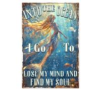 WADORN Vintage Mermaid Metal Tin Sign, 11.8x7.8 Inch Funny Retro Home Bar Pub Cafe Club Tin Sign Into The Ocean I Go To Lose My Mind And Find My Soul Wall Art Poster Plaque Decor for Man Cave Decor