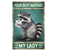 WADORN Vintage Raccoon Bathroom Metal Tin Sign, 11.8x7.8 Inch Funny Retro Toilet Restroom Home Tin Sign Your Butt Napkins My Lady Raccoon Toilet Paper Wall Art Poster Plaque Decor for Bar Man Cave