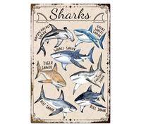 WADORN Vintage Shark Metal Tin Sign, 7.9x11.8 Inch Watercolor Shark Knowledge Retro Wall Art Sign Funny Ocean Animal Metal Poster Plaque Decor for Man Cave Home Bedroom Science Wall Oceanarium