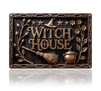 WADORN Vintage Witch House Metal Tin Sign, 7.9x11.8 Inch 2D Flat with 3D Visual Effect Witcher Magic Retro Wall Art Sign Funny Halloween Metal Decor Gifts Plaque for Home Garage Porch Cafe Woman Cave