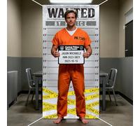 WADORN Wanted Arrested Height Decorations Backdrop, 5.9x2.9Ft Mugshot Theme Party Banner Backdrops Murder Suspense Photography Background Photo Booth Props for Birthday Party Decors Supplies