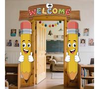 WADORN Welcome Back to School Theme Party Decorations Backdrop, 7.7x5.9Ft Pencil Ruler Shape Door Banner Backdrops Welcoming Themed Photography Background for First Day Classroom Decor Supplies