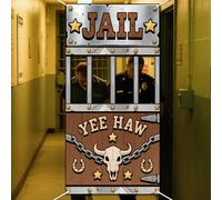 WADORN Western Jail Theme Photo Banner for Party Decor, 5.9x2.9ft Western Cowboy Prison Photo Door Backdrop Props Decor Large Fabric Photography Background Birthday Party Supplies for Indoor Outdoor