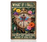 WADORN What If I Fall Dragonfly Vintage Metal Tin Sign, 12x8 Inch Dragonfly Clock Retro Art Sign Funny Bohemian Theme Decor Gifts Plaque for Restaurant Garage Bar Cafe Pubs Shop Home Wall Poster