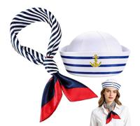 WADUBI Sailor Hat and Scarf Set for Adults - White Sailor Hat with Blue and White Nautical Scarf 50x50cm - Suitable for Fancy Dress, Costume Parties, And Nautical Themed Events