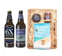 Wadworth Brewery Beer Wicker Tray | 6X Gold Gluten Free Vegan Ale 4.5% & Swordfish Rum Infused Ale 5% 500ml | Snowdonia Black Bomber Cheese 200g | Stokes Beer Chutney | Tortilla Chips