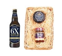 Wadworth Brewery Beer Wicker Tray | 6X Gold Gluten Free Vegan Golden Ale 4.5% 500ml | Snowdonia Black Bomber Cheese | Stokes Beer Chutney | Luxury Gift Hamper