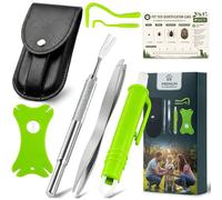 WAEKIYTL Tick Remover Tool Kit, 6-in- Stainless Steel Tick Removal Tool & Tweezers with Leather Case and Pocket Tick Identification Card - Professional Tick Removal for Dogs Cats Humans (Green)