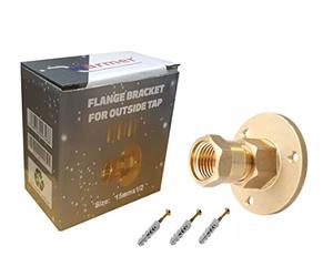 Wärmer System Wall Mount Flange Bracket for Outside Tap, 15mm Copper or Plastic Pipe Compatible, 1/2 inch BSP Through-Wall Fitting, Brass Finish