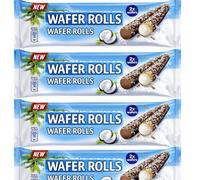 Wafer Rolls Crispy Rolled Wafer Biscuits - Coconut, Caramel, Vanilla, Peanut & Chocolate Cream Filled - Milk Chocolate Coated Crispy Snack Rolls (6 x Pack, Wafer Rolls Coconut Flavoured 23.4g)