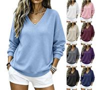 Waffle Activewear Tops for Women UK Petite Ladies Casual Oversized Jumper Waffle Textured V Neck Sweatshirt Long Sleeve Loose Fit No Hood Plain Pullover Tops for Home Rest Daily Travelling Size S