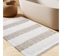 Waffle Bath Mat, Boho Woven Modern Bath Rug Absorbent Non Slip, Ultra Soft Bathroom Mats, Machine Washable Knit Bath Rugs with Stripe for Bathroom, Bedroom, Kitchen, Shower,Tub, 32"x20", Beige & White