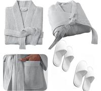 Waffle Bath Robe, Cotton Dressing Gown, Unisex Bathrobe, Lightweight Cotton Unisex Waffle Spa Bathrobe Soft Hotel Dressing Gown, Kimono, Grey (UK, Alpha, XL, Regular, Regular, Grey with Slippers)