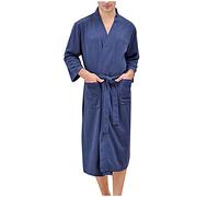 Waffle Dressing Gown for Men Lightweight Kimono Bathrobe Solid 3/4 Sleeve Housecoat with Pockets Knee Length Absorbent Sleepwear Waffle Nightwear for Gym Shower Spa Hotel Robe Navy