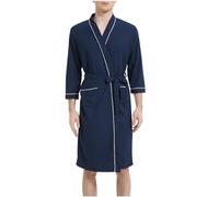 Waffle Dressing Gown Men Lightweight Thin Bathrobe Super Soft Mid Length Robe Breathable Cosy Loungewear Nightwear Robes Pockets 3/4 Sleeve V Neck Sleepwear House Robes Pajama for All Seasons Navy