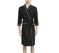 Waffle Dressing Gown Men Lightweight Thin Bathrobe Super Soft Mid Length Robe Breathable Cosy Loungewear Nightwear Robes Pockets 3/4 Sleeve V Neck Sleepwear House Robes Pajama for All Seasons Black