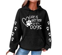 Waffle Knit Hooded Sweatshirts For Women Ladies Hoodie With Paw Prints Life Is Better With Dogs Print Hooded Jumpers With Pocket Loose Fit Casual Pullover Tops Sportswear Tees Shirts Black XXL