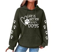 Waffle Knit Hooded Sweatshirts For Women Ladies Hoodie With Paw Prints Life Is Better With Dogs Print Hooded Jumpers Pocket Loose Fit Casual Pullover Tops Sportswear Tees Shirts Army Green S