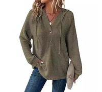 Waffle Knit Hoodie for Women Long Sleeve V-Neck Button Pullover Casual Sweatshirt (Army Green,M)