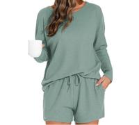 Waffle Knit Pjs Sets for Women Knitted Pyjamas Set Long Sleeve Tops and Shorts Sleepwear 2 Pieces Pyjamas Sets Comfty Winter Pajamas Classic Pj Set Ladies Green