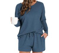 Waffle Knit Pjs Sets for Women Knitted Pyjamas Set Long Sleeve Tops and Shorts Sleepwear 2 Pieces Pyjamas Sets Comfty Winter Pajamas Classic Pj Set Ladies Blue