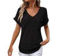 Waffle Knit Tops for Women V Neck Short Sleeve Basic Solid Tee Shirts Casual Loose Fit Blouses(Black, XL)