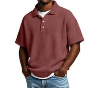 Waffle Polo Shirts for Men Short Sleeve Button Down Lapel Texture Golf Shirt Loose Sports Gym Workout Tee Tops Plus Size, Red, M