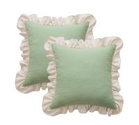 Waffle Weave Textured Throw Pillow Covers Set of 2 with Washed Cotton Retro Ruffle Flounces Trim Solid Decorative Pillow Cases for Home Livingroom and Bedroom Decor 18x18 Inch (Pea Green, 18x18 in)