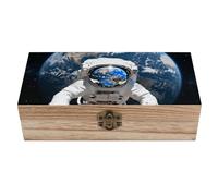 WAFICAC Astronaut & Earth Wooden Storage Box DIY Rustic Keepsake Boxes with Hinged Lid Jewelry Organizer for Home Decor, Decorative Wood Chest for Rings, Crafts, And Memorabilia Home Decor