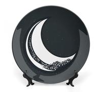 WAFICAC Ceramic Decorative Plate Bone China Decorative Plate Personalized Crescent Moon Pattern on Black Background Ceramic Collections Plate with Display Stand Cabinet Display Plates for Home Decor