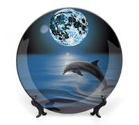 WAFICAC Ceramic Decorative Plate Bone China Decorative Plate Personalized Dolphin and Moon Ceramic Collections Plate with Display Stand Cabinet Display Plates for Home Decor