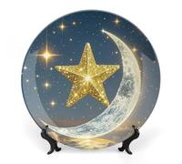 WAFICAC Ceramic Decorative Plate Bone China Decorative Plate Personalized Golden Stars and Moon Ceramic Collections Plate with Display Stand Cabinet Display Plates for Home Decor
