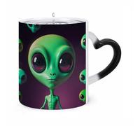 WAFICAC Cute Green Alien Changing Mug 11 Oz HeatCoffee Mug with Ear Shape Handle Designs Funny Ceramic Mugs Personalized Novelty Cups Hot Tea Cups for Men Women Gifts