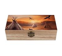 WAFICAC Native American Tribes Wood Storage Box with Lid Solid Wood Container Box Decorative Table Large Rectangular Smooth Rustic Style Keepsake Boxes for Jewelry, Photos, Crafts & Gifts